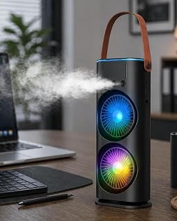 Çift Başlıklı Taşınabilir Fan RGB Işıklı Sprey Nemlendiricili Masaüstü Serinletici Fan