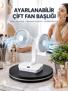 Ayarlanabilir Hızlı Çift Başlıklı Masaüstü Fan – Gece Lambalı Serinletici