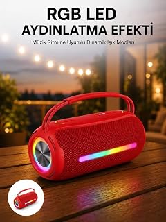 360 RGB LED'li Taşınabilir Bluetooth Hoparlör – Kırmızı USB/TF Destekli