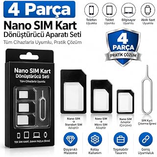 AEE® 4 Parça Nano SIM Kart Dönüştürücü Aparatı, Nano SIM to Micro ve Standart SIM Kart Adaptörü, SIM Kart Çıkarma İğnesi, Telefon SIM Kart Çevirici Seti
