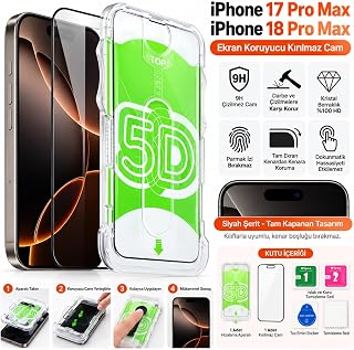 AEE® iPhone 17 Pro Max / 18 Pro Max Kırılmaz Cam Ekran Koruyucu, 9H Temperli Cam, Siyah Kenarlı Tam Kaplama, Hizalama Aparatlı Kolay Kurulum, Toz ve Parmak İzi Koruması