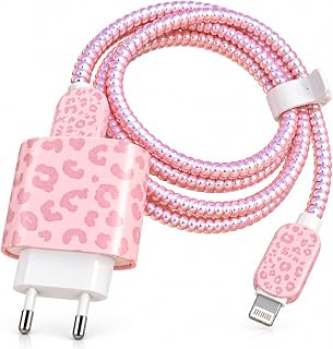 AEE® iPhone Şarj Aleti Koruyucu Seti Pembe Leopar, 18W 20W 25W Adaptör ve Şarj Kablosu Koruyucu, Örgü Kablo Koruyucu, Kablo Toparlayıcı