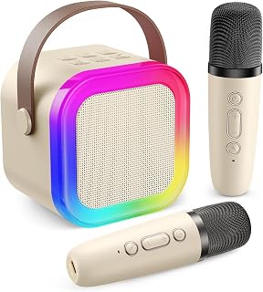 Robeve Blic 2 Mikrofonlu Çocuk Karaoke Hoparlör ve Bluetooth Hoparlör – LED Işıklı Mini Karaoke Seti, 6 Farklı Ses Efekti, Uzun Pil Ömrü, Taşınabilir Çocuk Mikrofonu ve Müzik Eğlence Seti (Bej)