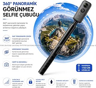 Outfire Insta360 ile Uyumlu 360° Panoramik Görünmez Selfie Çubuğu, 1.1 Metre, Siyah