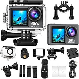 ROBEVE 5K Ultra HD Aksiyon Kamera Çift Ekranlı Dokunmatik Ekran Wi-Fi Bağlantılı Spor ve Vlog Kamerası Su Geçirmez Kılıflı Geniş Açı Outdoor Kamera Aksesuar Setli Aksiyon Kamerası 64GB Hafıza Kartı