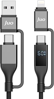 Juo 60W 4'ü 1 Arada Type-C/USB-A/Lightning Dijital LED Ekranlı Örgülü Hızlı Şarj ve Data Kablosu 1.2 Metre