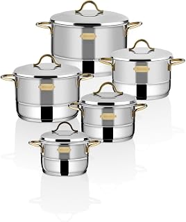 Bonera Nirvana Mega Tencere Seti 10 Parça – Gold Kulplu 304 Kalite Paslanmaz Çelik Tencere Seti