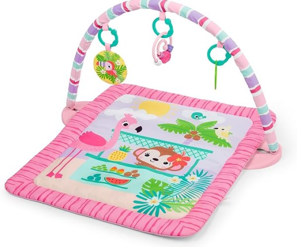 🚨 Bright Starts Pink Palms Tiki Oyuncak Çubuklu Bebek Jimnastik Aktivitesi Ve Yüz Üstü Geçirilen Zaman Matı, Oyuncak Çubuğu Ve 3 Oyuncak, Yenidoğan İle 3 Yaş Arası Bebekler İçin