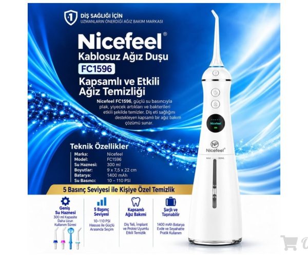 Npo Nicefeel Fc1596 Taşınabilir,Şarjlı,Masajlı,Diş Teli/Protez Bakım Profesyonel Ağız Duşu (Beyaz)