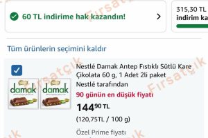 Nestle Damak Antep Fıstıklı Sütlü Kare Çikolata 60 gr 2 adet — %50 İndirim