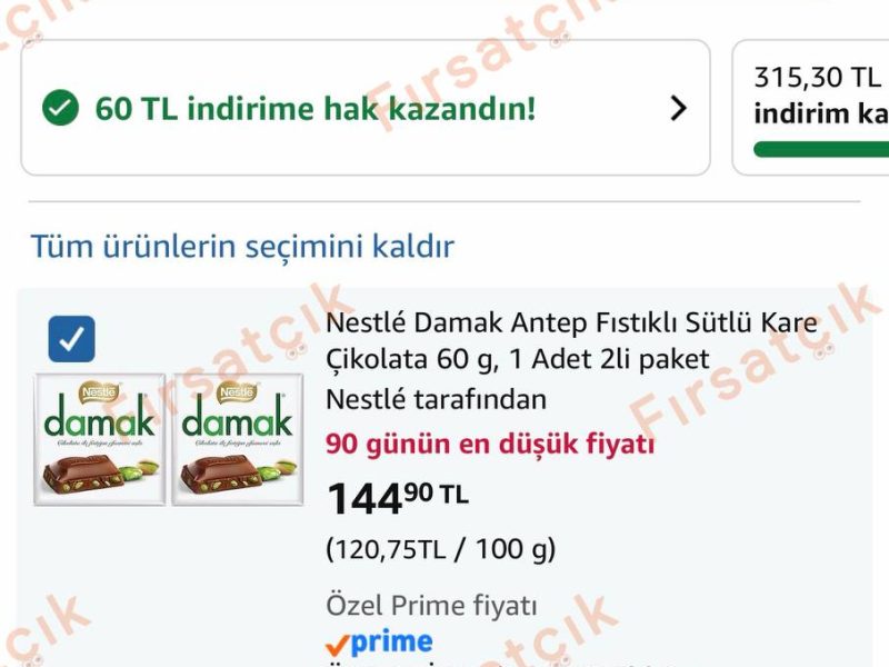 Nestle Damak Antep Fıstıklı Sütlü Kare Çikolata 60 gr 2 adet — %50 İndirim