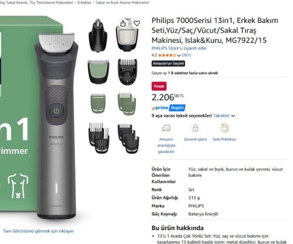 Philips 7000Serisi 13in1, Erkek Bakım Seti,Yüz/Saç/Vücut/Sakal Tıraş Makinesi, Islak&Kuru, MG7922/15