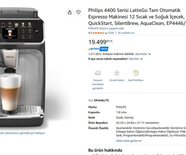 Philips 4400 Serisi LatteGo Tam Otomatik Espresso Makinesi 12 Sıcak ve Soğuk İçecek, QuickStart, SilentBrew, AquaClean, EP4446/70