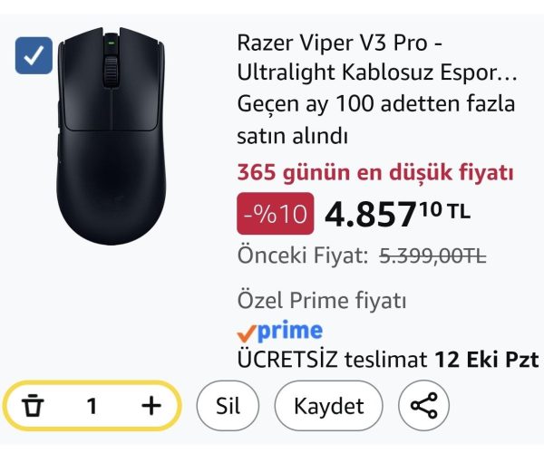 Razer Viper V3 Pro – Ultralight Kablosuz Espor Oyun Mouse’u (8K Hz HyperPolling, 54g hafif tasarım, Focus Pro Sensör 35K DPI, HyperSpeed Kablosuz, 95 saat pil ömrü) Siyah