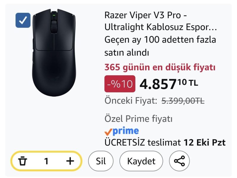 Razer Viper V3 Pro – Ultralight Kablosuz Espor Oyun Mouse’u (8K Hz HyperPolling, 54g hafif tasarım, Focus Pro Sensör 35K DPI, HyperSpeed Kablosuz, 95 saat pil ömrü) Siyah