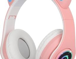 Sendowtek Çocuk Kulaklık, Kız Çocukları Bluetooth Kulak Üstü Sevimli Kedi Kulaklı Çocuk Kulaklığı LED Işıklı, Katlanabilir Kablosuz Çocuk Kulaklık Erkek Yetişkinler İçin Okul/Tablet/PC/Telefon