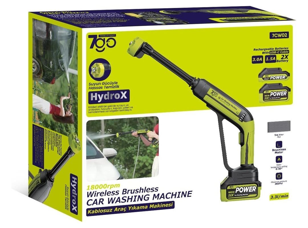 🛍️ 7GO 7CW02 Akülü Şarjlı Yüksek Basınçlı Araç ve Bahçe Yıkama Temizleme Tabancası 18000 RPM Fırçasız Motor 203 PSI Maksimum Basınç 2x Li ion Batarya USB C Hızlı Şarj 5m Hortum Köpük Tabancası