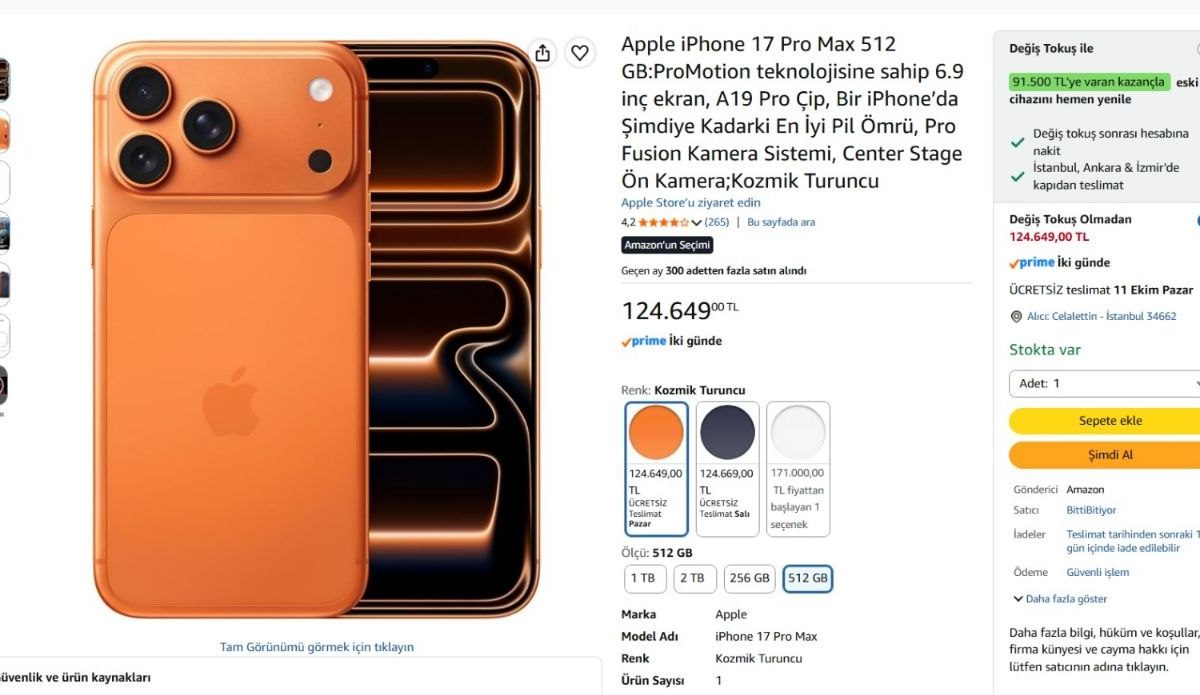 Apple iPhone 17 Pro Max 512 GB Kozmik Turuncu