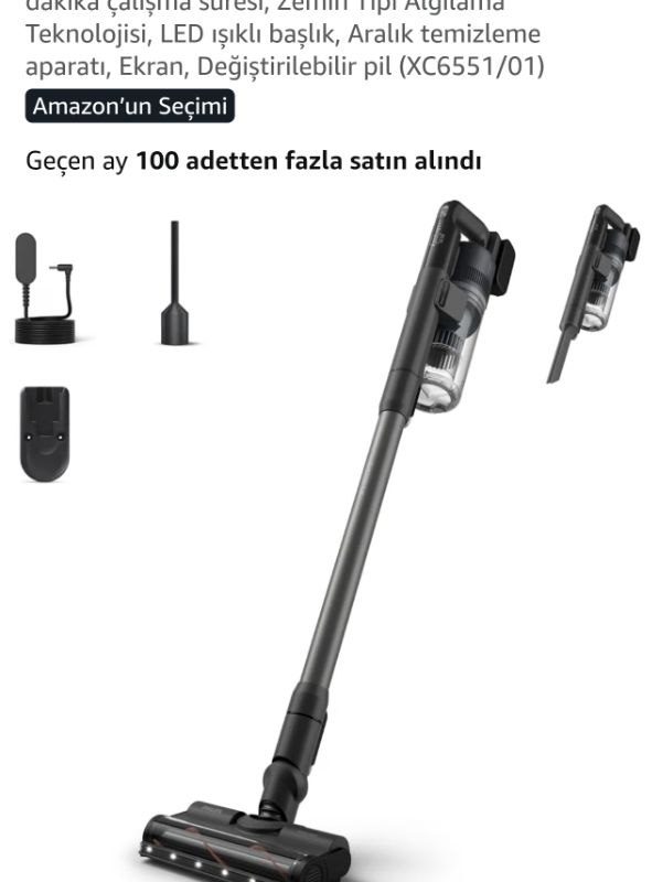 Philips Şarjlı Süpürge 6000 Serisi, Güçlü emiş, 64 dakika çalışma süresi, Zemin Tipi Algılama Teknolojisi, LED ışıklı başlık, Aralık temizleme aparatı, Ekran, Değiştirilebilir pil (XC6551/01)