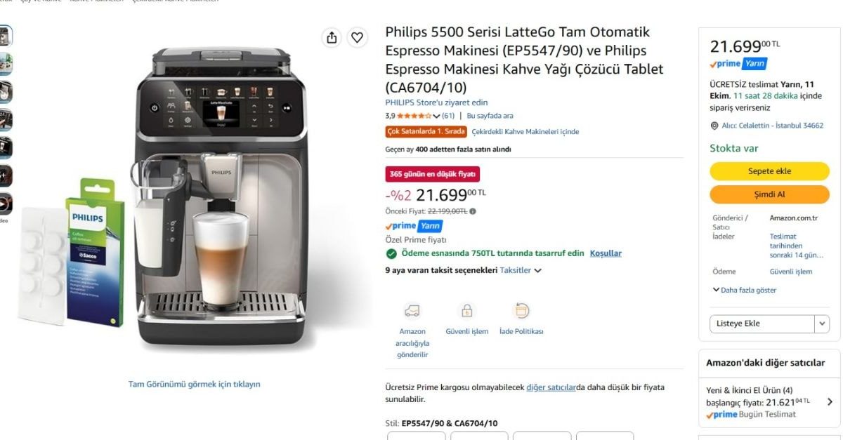Philips 5500 Serisi LatteGo Tam Otomatik Espresso Makinesi (EP5547/90) ve Philips Espresso Makinesi Kahve Yağı Çözücü Tablet (CA6704/10) — %96 İndirim