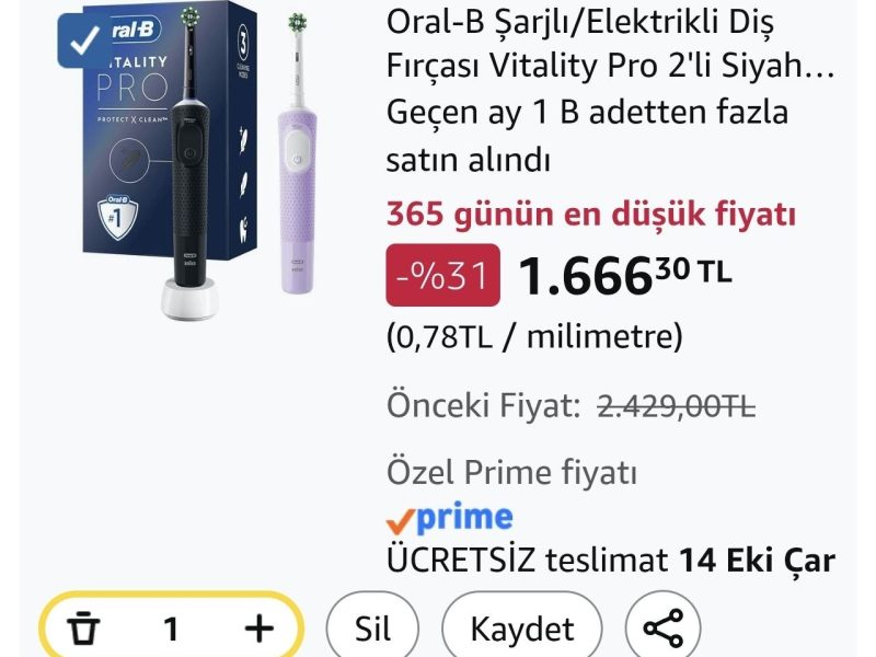 Oral-B Şarjlı/Elektrikli Diş Fırçası Vitality Pro 2’li Siyah&Lila Avantaj Paketi
