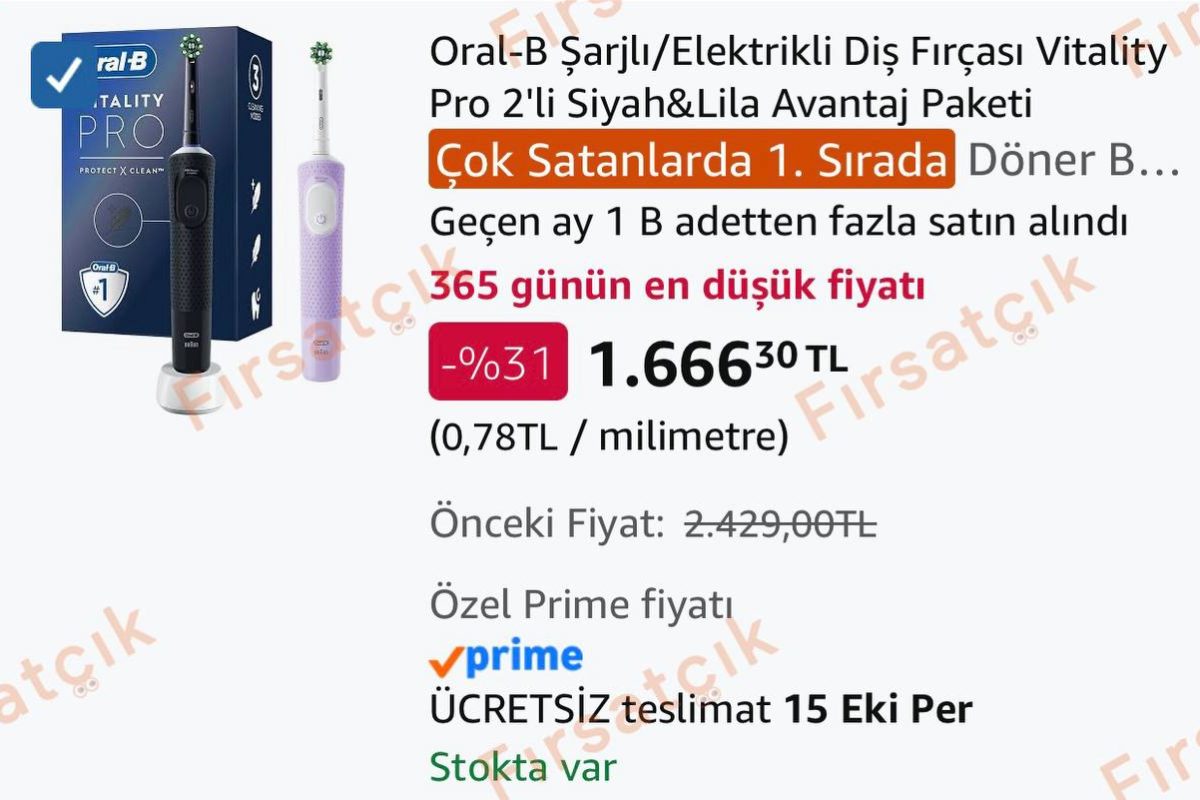Oral-B Şarjlı Diş Fırçası Vitality Pro 2 adet siyah&lila Avantaj Paket