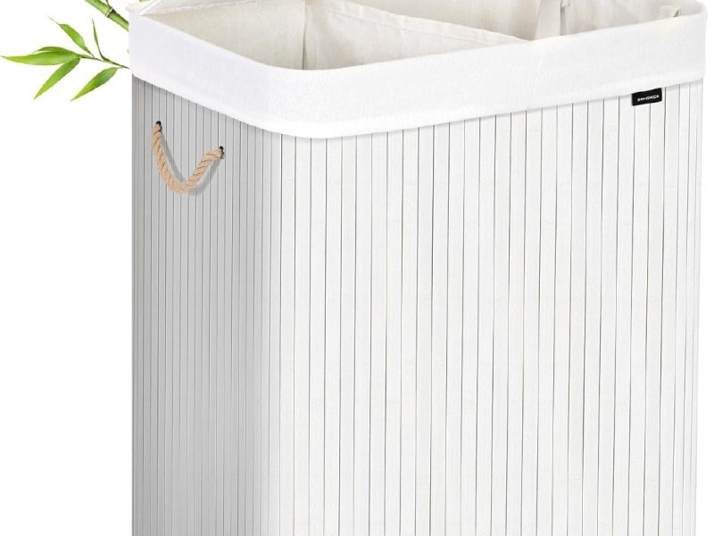 🛒 SONGMICS bambudan yapılmış çamaşır sepeti, 2 bölmeli çamaşır kutusu, kapaklı çamaşır ayırıcı ve çıkarılabilir çamaşır torbası, pamuklu kulplar, 100 L çamaşır kutusu, beyaz LCB64WT — %60 İndirim