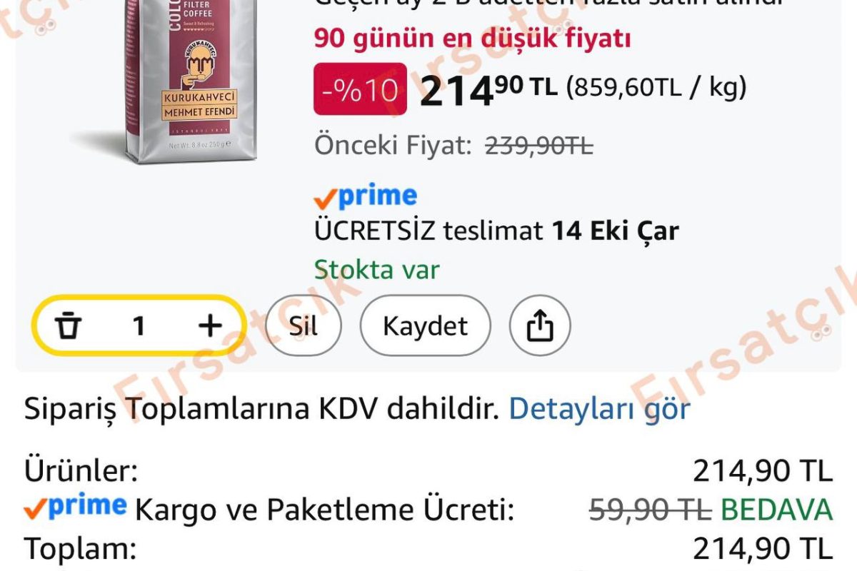 Kurukahveci Mehmet Efendi Columbia Filtre Kahve 250 gr — %69 İndirim