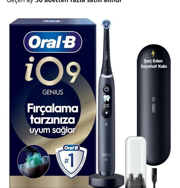 Oral-B iO9 Siyah Şarjlı/Elektrikli Diş Fırçası, 1 Fırça Başlığı, Hızlı Manyetik Şarj Cihazı, Uzun Ömürlü Pil, Şarj Eden Seyahat Kabı, Yedek Başlık Kabı