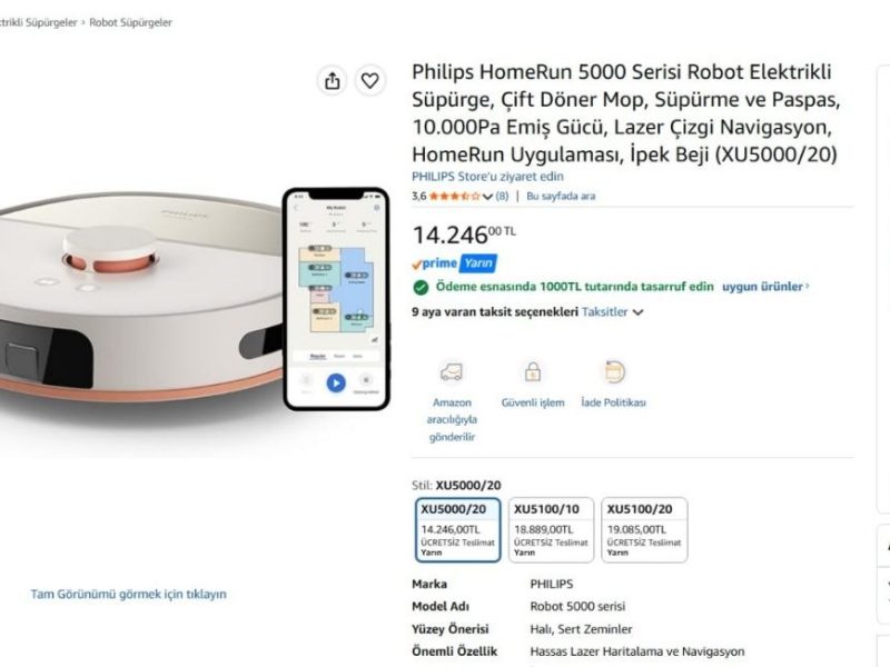 Philips HomeRun 5000 Serisi Robot Elektrikli Süpürge, Çift Döner Mop, Süpürme ve Paspas, 10.000Pa Emiş Gücü, Lazer Çizgi Navigasyon, HomeRun Uygulaması, İpek Beji (XU5000/20) — %92 İndirim