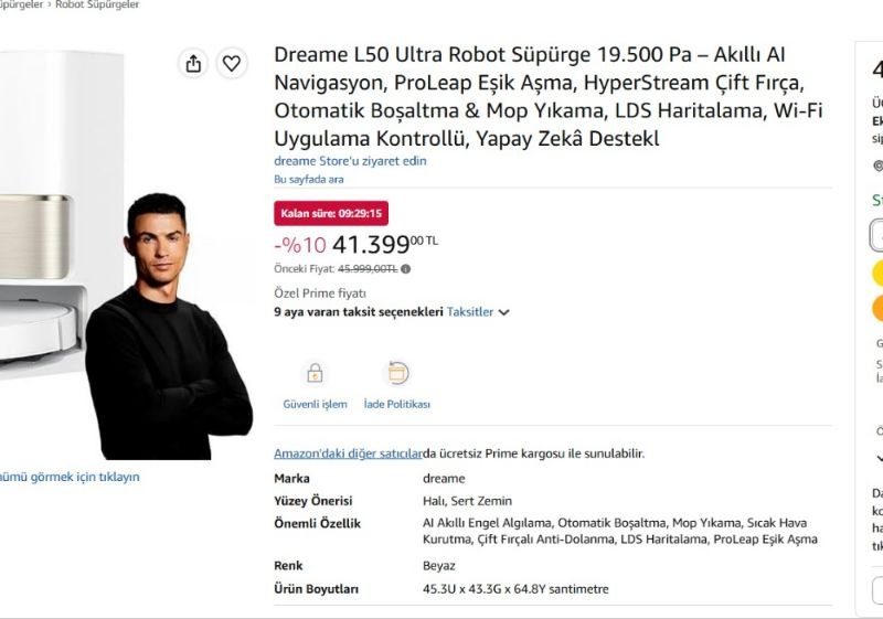Dreame L50 Ultra Robot Süpürge 19.500 Pa – Akıllı AI Navigasyon, ProLeap Eşik Aşma, HyperStream Çift Fırça, Otomatik Boşaltma & Mop Yıkama, LDS Haritalama, Wi-Fi Uygulama Kontrollü, Yapay Zekâ Destekl