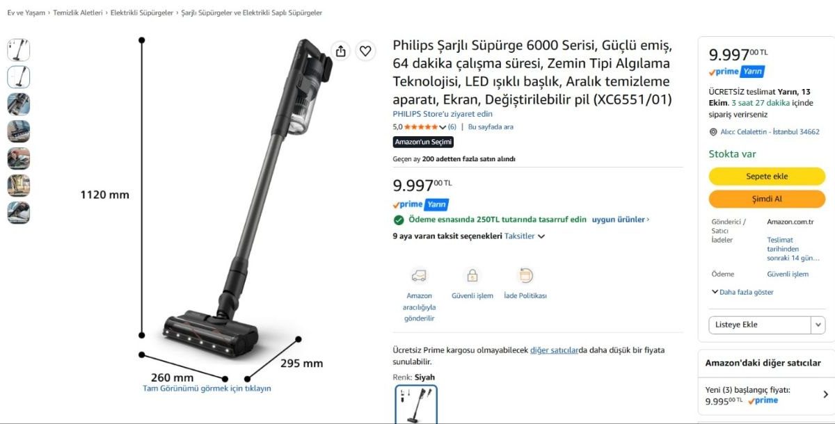 Philips Şarjlı Süpürge 6000 Serisi, Güçlü emiş, 64 dakika çalışma süresi, Zemin Tipi Algılama Teknolojisi, LED ışıklı başlık, Aralık temizleme aparatı, Ekran, Değiştirilebilir pil (XC6551/01)