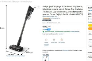Philips Şarjlı Süpürge 6000 Serisi, Güçlü emiş, 64 dakika çalışma süresi, Zemin Tipi Algılama Teknolojisi, LED ışıklı başlık, Aralık temizleme aparatı, Ekran, Değiştirilebilir pil (XC6551/01)
