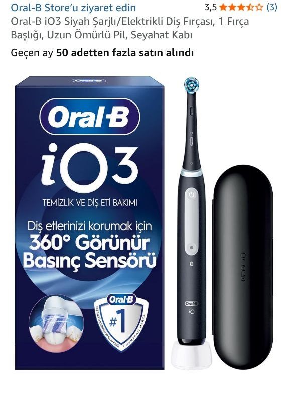 Oral-B İo3 Siyah Şarjlı/Elektrikli Diş Fırçası, 1 Fırça Başlığı, Uzun Ömürlü Pil, Seyahat Kabı