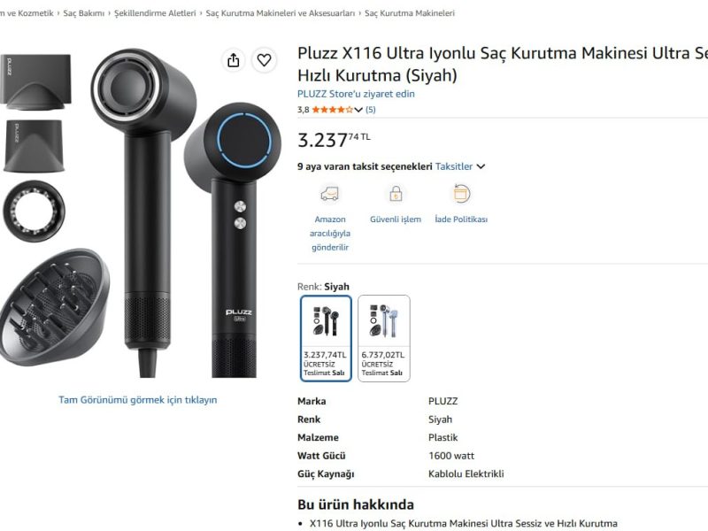Pluzz X116 Ultra Iyonlu Saç Kurutma Makinesi Ultra Sessiz ve Hızlı Kurutma (Siyah)