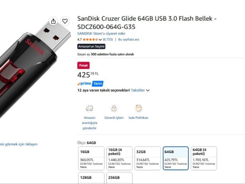 SanDisk Cruzer Glide 64GB USB 3.0 Flash Bellek – SDCZ600-064G-G35
