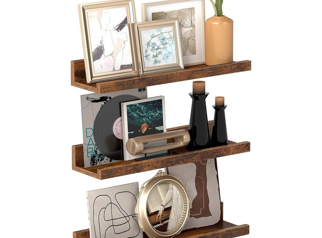 🛍️ VASAGLE duvar rafları, 3’lü set, yüzer raflar, uzunluk 38 cm, dekoratif öğeler, baharat kavanozları ve resim çerçeveleri için yükseltilmiş ön kenar, eski kahverengi LWS037X01