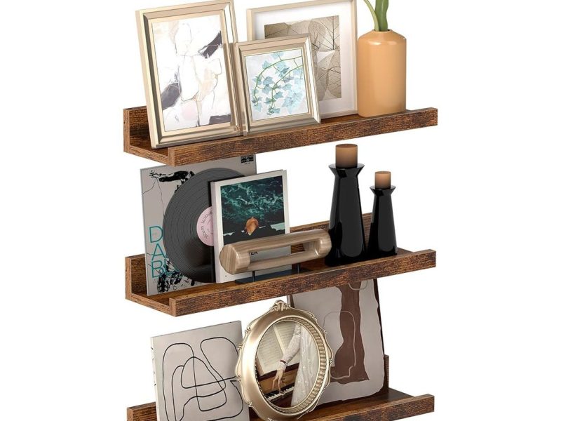 🛍️ VASAGLE duvar rafları, 3’lü set, yüzer raflar, uzunluk 38 cm, dekoratif öğeler, baharat kavanozları ve resim çerçeveleri için yükseltilmiş ön kenar, eski kahverengi LWS037X01
