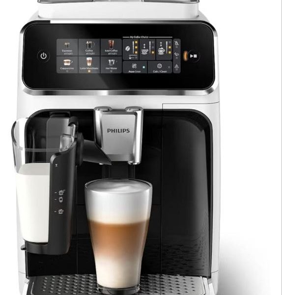 Philips Serisi 3300 Tam Otomatik Espresso Makinesi LatteGo Süt Sistemi ile, 6 Kahve Çeşidi, SilentBrew Teknolojisi, AquaClean Filtre – Beyaz & Parlak Siyah (EP3343/50)