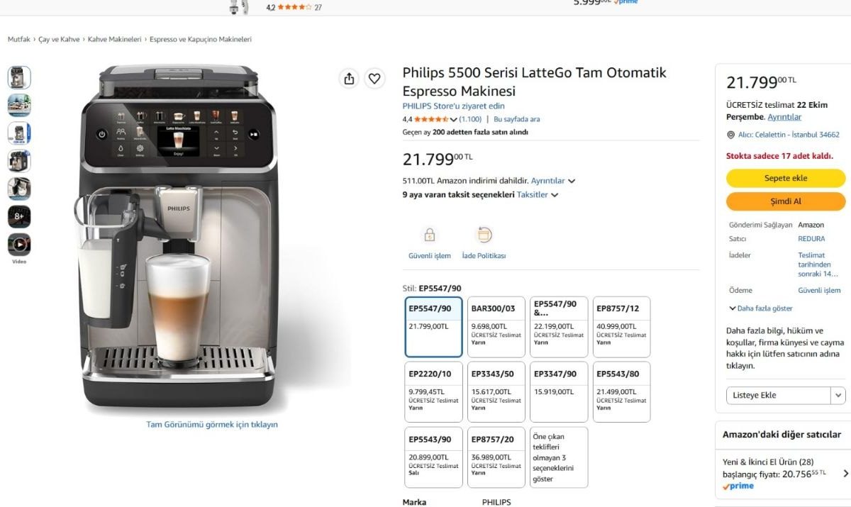 Philips 5500 Serisi LatteGo Tam Otomatik Espresso Makinesi 5547/90