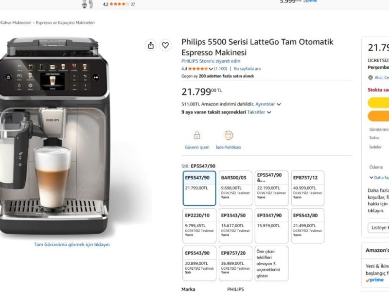 Philips 5500 Serisi LatteGo Tam Otomatik Espresso Makinesi 5547/90
