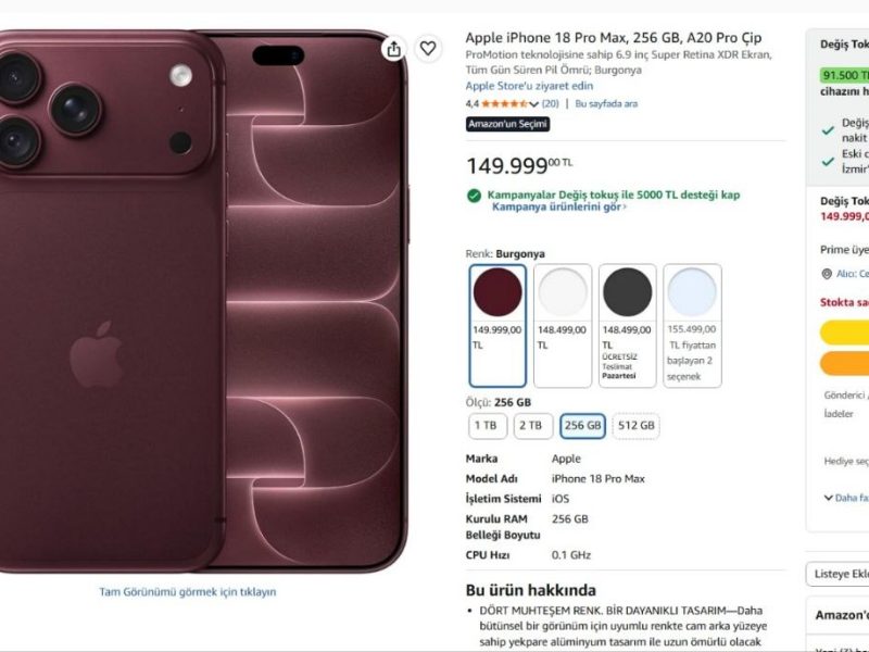 Apple iPhone 18 Pro Max, 256 GB, A20 Pro Çip