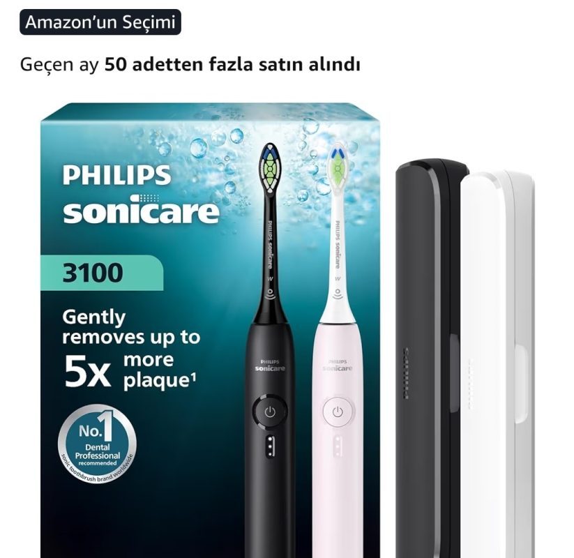 Philips Sonicare 3100 Sonic Şarjlı Diş Fırçası 2li Paket, Siyah ve Toz Pembe, 5 Kat Plak Temizliği, Basınç Sensörü, 14 Gün Şarj Ömrü, 3 Hız Ayarı,2 Şarj Standı, 2 Seyahat Kabı – HX4072/42