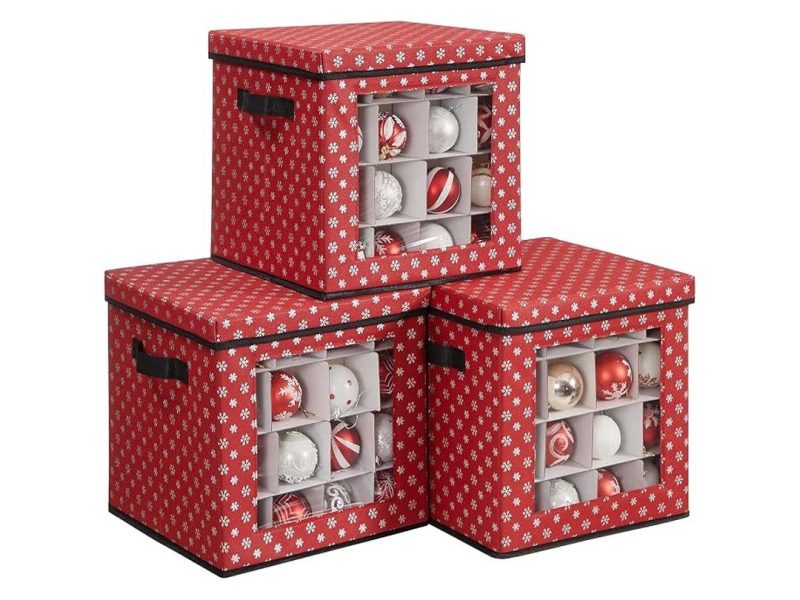 🛍️ SONGMICS saklama kutuları, 3’lü set, katlanır kutular, kutu başına 64 küçük bölme, esnek ayırma duvarları, 30,5 x 30,5 x 30,5 cm, kırmızı, kar tanesi desenli RFB029R01