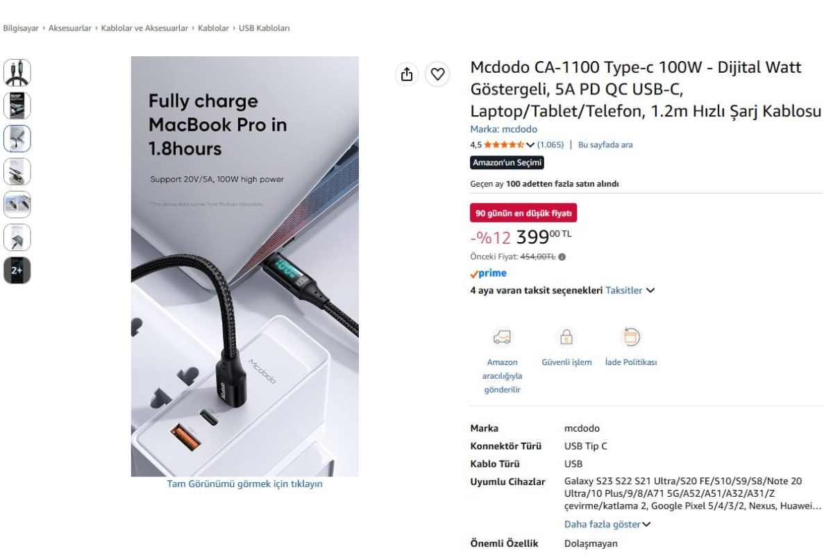 Mcdodo CA-1100 Type-c 100W – Dijital Watt Göstergeli, 5A PD QC USB-C, Laptop/Tablet/Telefon, 1.2m Hızlı Şarj Kablosu