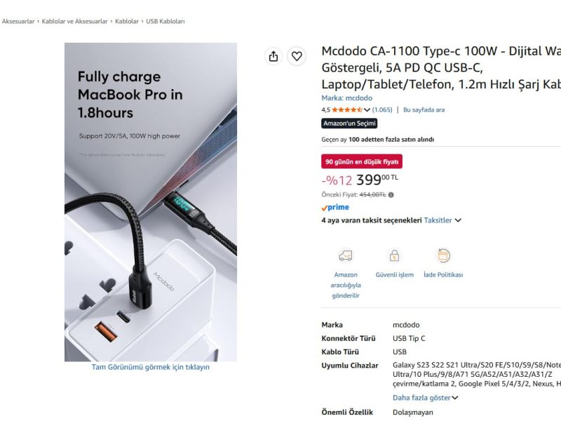 Mcdodo CA-1100 Type-c 100W – Dijital Watt Göstergeli, 5A PD QC USB-C, Laptop/Tablet/Telefon, 1.2m Hızlı Şarj Kablosu