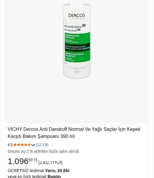 VICHY Dercos Anti Dandruff Normal Ve Yağlı Saçlar İçin Kepek Karşıtı Bakım Şampuanı 390 ml — %52 İndirim