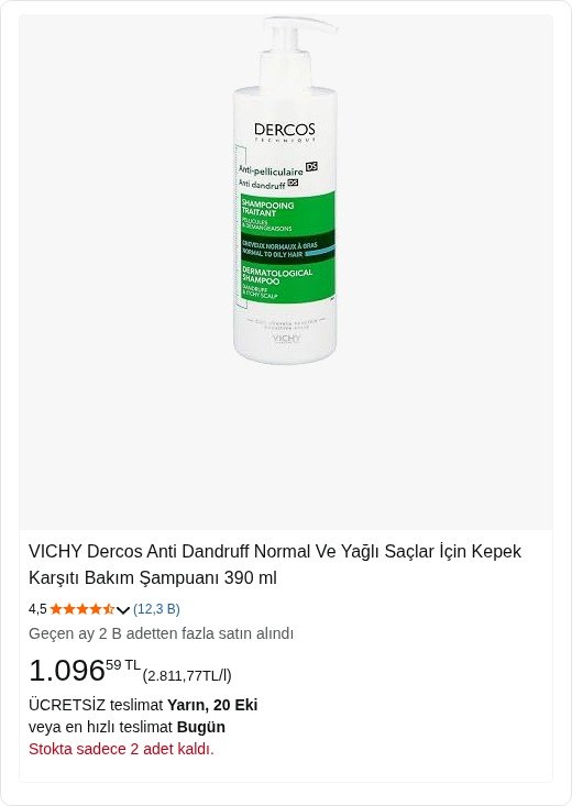 VICHY Dercos Anti Dandruff Normal Ve Yağlı Saçlar İçin Kepek Karşıtı Bakım Şampuanı 390 ml — %52 İndirim