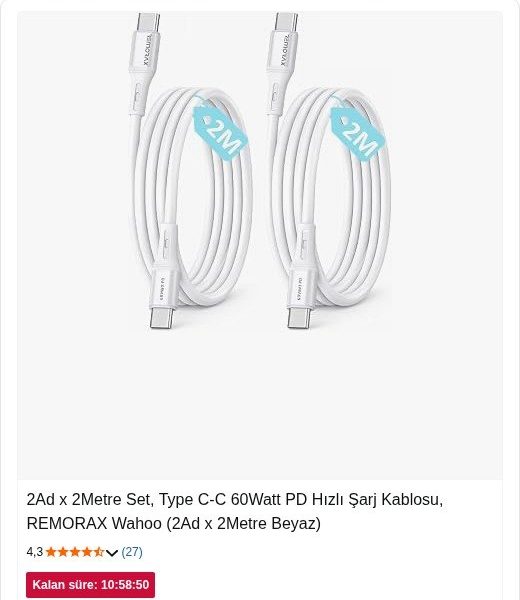 Type C To Type C 2 Metre 2 Adet Hızlı Şarj Destekli Kablo