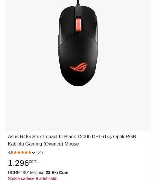 Asus ROG Strix Impact III Black 12000 DPI 6Tuş Optik RGB Kablolu Gaming (Oyuncu) Mouse